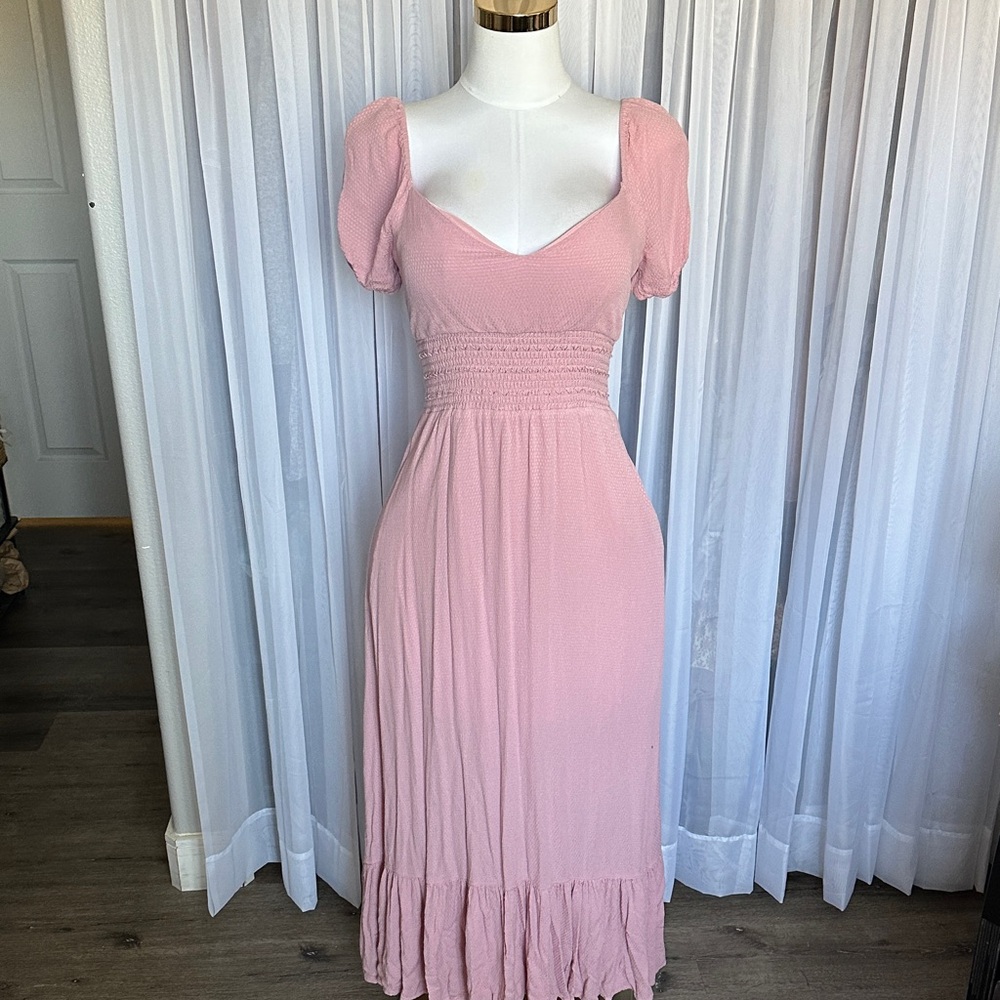 Blush Pink Textured Ruffle Trim Long Dress